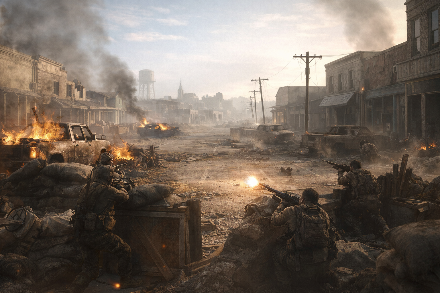 Ruined town engulfed in faction warfare and fire