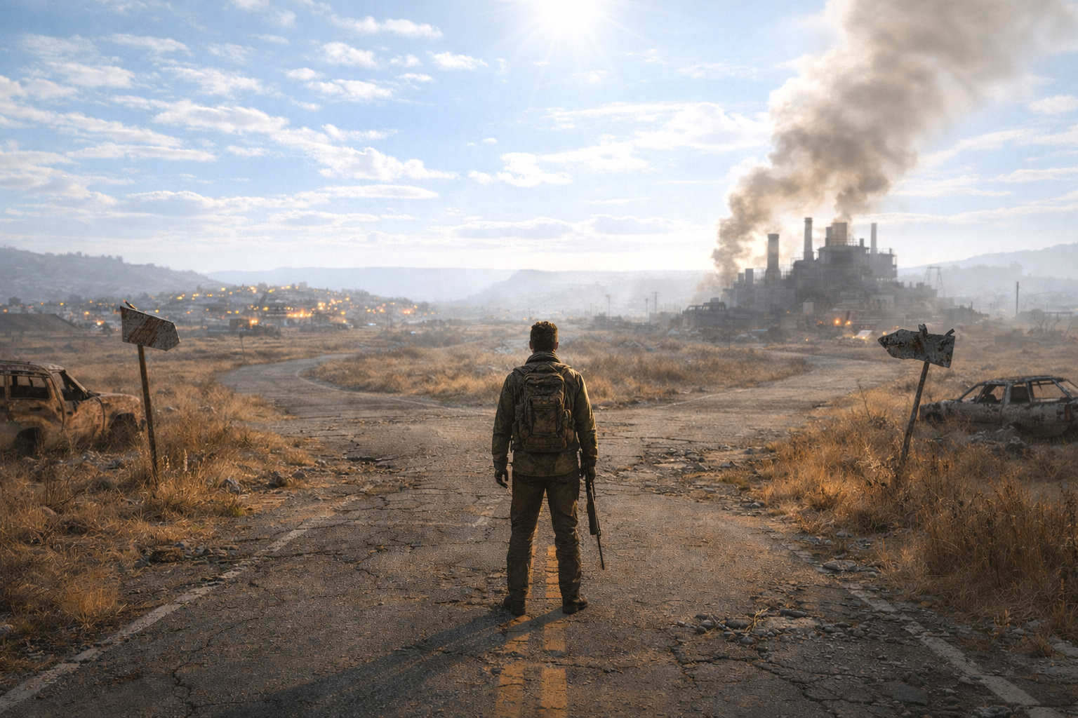 A lone survivor facing a devastated crossroads